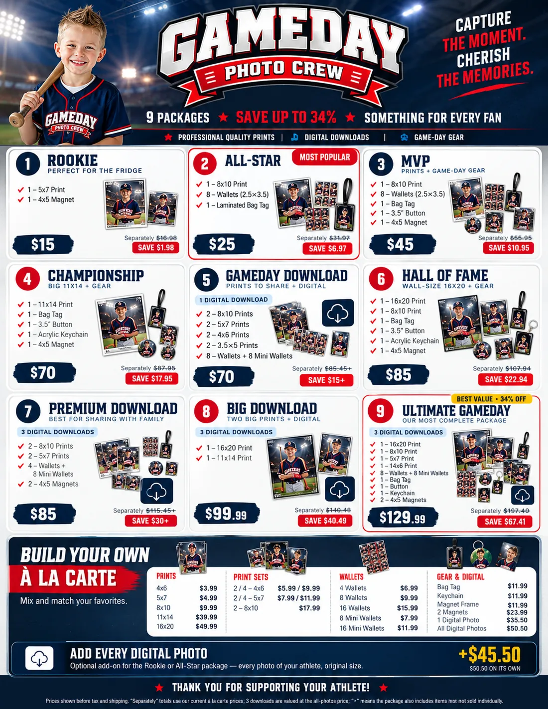 Gameday Photo Crew guide showing nine photo packages, digital downloads, prints, gameday gear, and a la carte products.