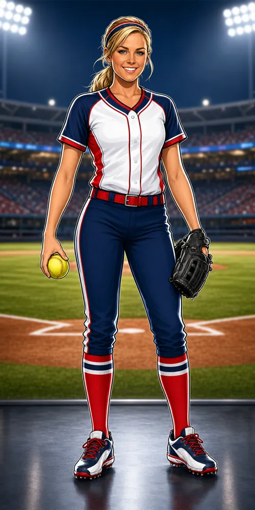 Youth softball player portrait on a lit ballfield in Las Vegas.
